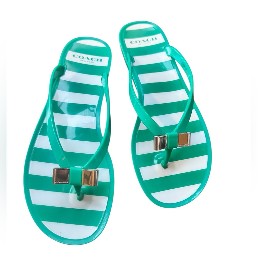 Coach Green and White Striped Flip Flops - Picture 1 of 6